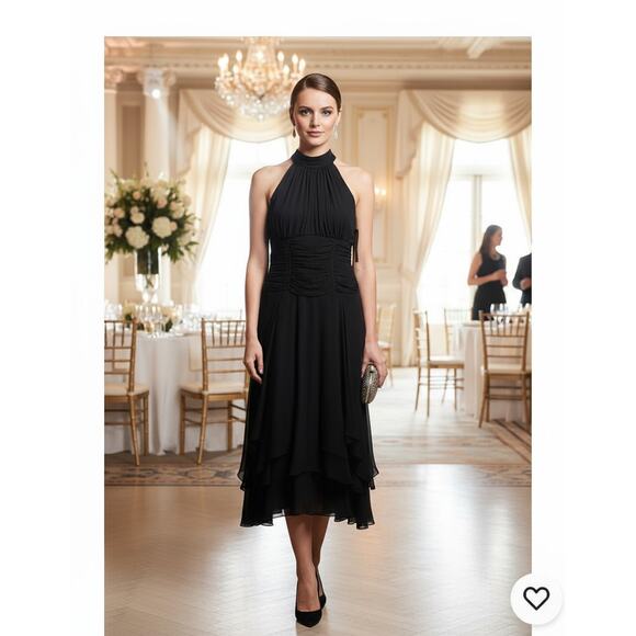 NWT CARMEN MARC VALVO Signature Black Silk Formal dress sz 14 halter sleeveless - Picture 1 of 13